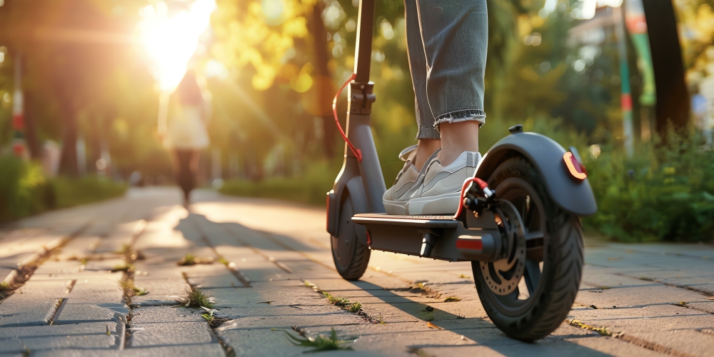 A close-up of a person riding an electric scooter along a path
